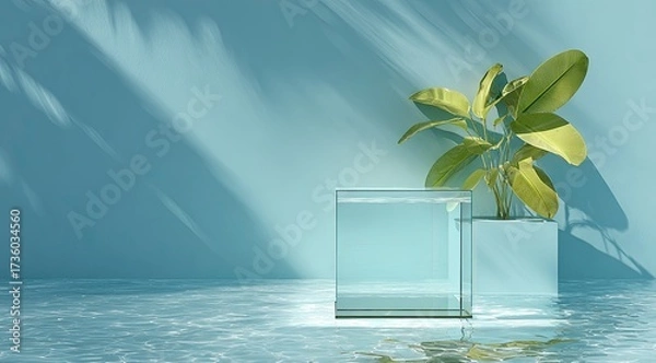 Fototapeta Light-blue studio scene with transparent cube and plant
