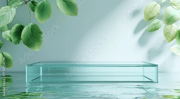 Fototapeta Light teal glass display platform with greenery