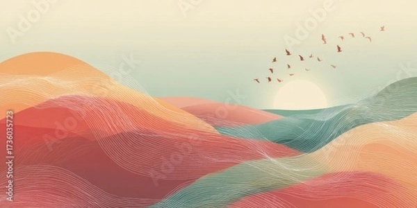 Fototapeta Pastel hillscape with soft lines and birds. Sunrise over undulating terrain