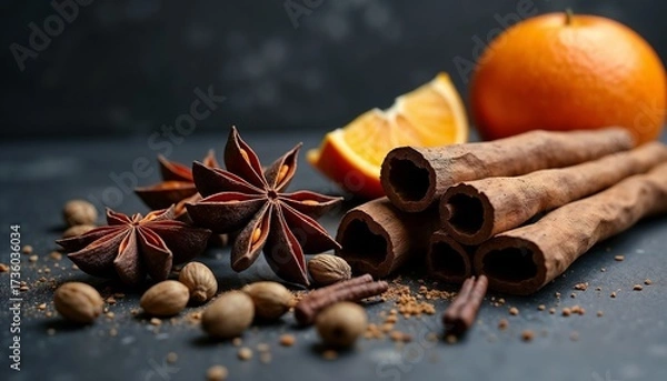 Obraz Cinnamon sticks, star anise, and orange slices arranged on a dark surface. Whole spices and ground cinnamon scattered around.