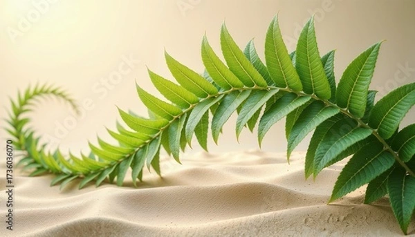 Obraz A green fern leaf curves gracefully over a sandy surface. The leaf features vibrant green color and a smooth texture, creating a natural and serene atmosphere.