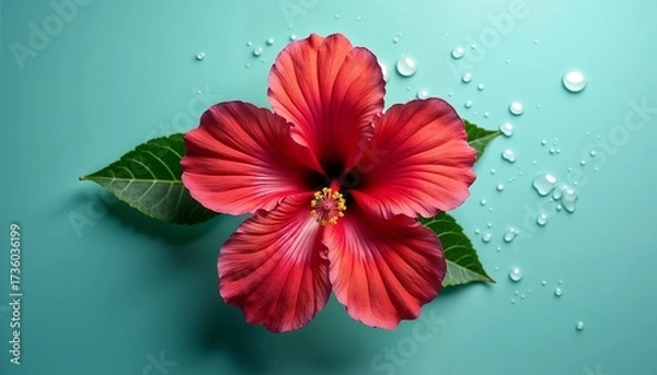 Obraz A vibrant red hibiscus flower with green leaves and water droplets on a turquoise background. The flower showcases its intricate petals and natural beauty.