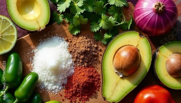 Obraz Fresh ingredients for guacamole including avocados, tomatoes, onions, jalapeños, cilantro, spices, and lime on a wooden board.