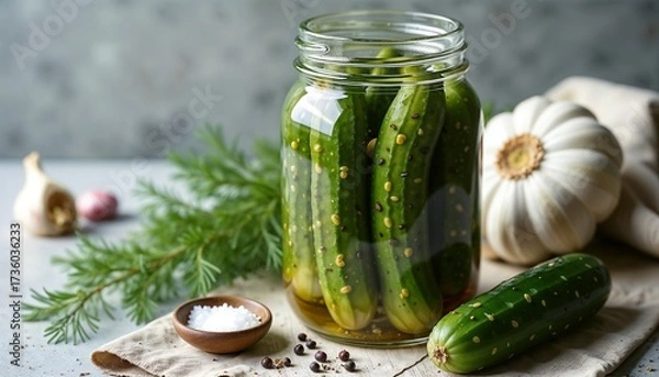 Obraz A jar of pickled cucumbers with garlic and spices. Fresh cucumbers are submerged in brine, surrounded by herbs and spices on a wooden surface.