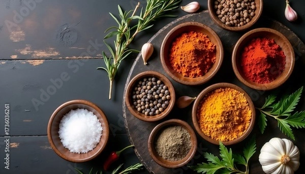 Obraz A collection of various spices in wooden bowls on a dark surface. Includes turmeric, paprika, black pepper, and salt, surrounded by garlic and herbs.