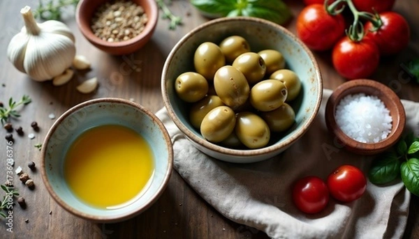 Obraz A rustic wooden table displays fresh ingredients for cooking. Green olives, cherry tomatoes, garlic, herbs, and olive oil are arranged attractively.