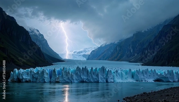 Obraz A dramatic landscape featuring a glacier in a fjord under a stormy sky. Lightning strikes illuminate the scene, highlighting the icy blue tones of the glacier.