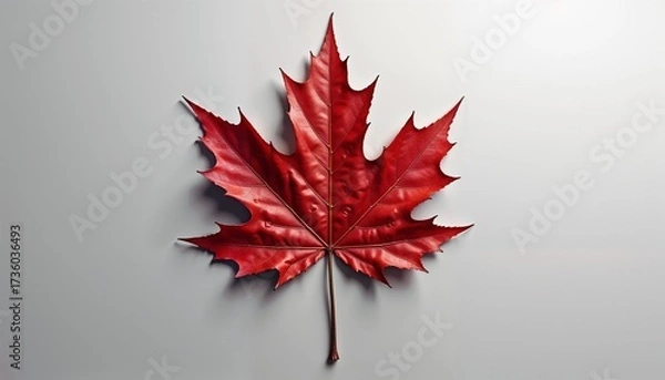 Obraz A vibrant red maple leaf rests on a light gray surface. The leaf displays intricate veins and a glossy texture, symbolizing autumn and nature.