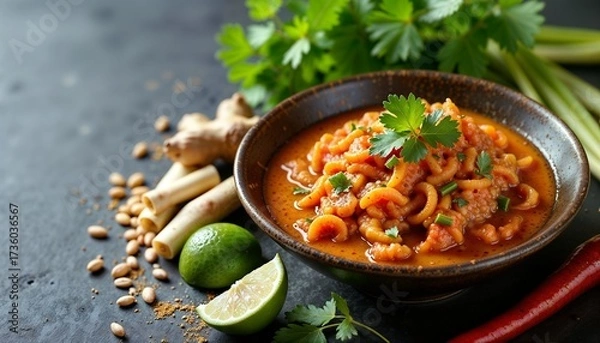 Obraz A bowl of spicy noodle soup garnished with fresh cilantro, surrounded by lime, ginger, and green onions on a dark surface.