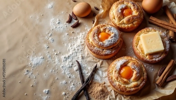 Obraz Baked pastries with egg yolks, butter, and spices on a brown surface. Ingredients include flour, eggs, and cinnamon sticks.