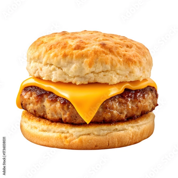 Fototapeta Savory breakfast sausage patty and melted cheese sandwiched between two fluffy biscuits isolated on transparent background
