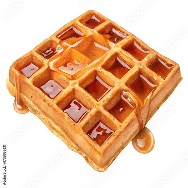 Fototapeta Golden brown square waffle with sweet syrup dripping down the sides isolated on transparent background