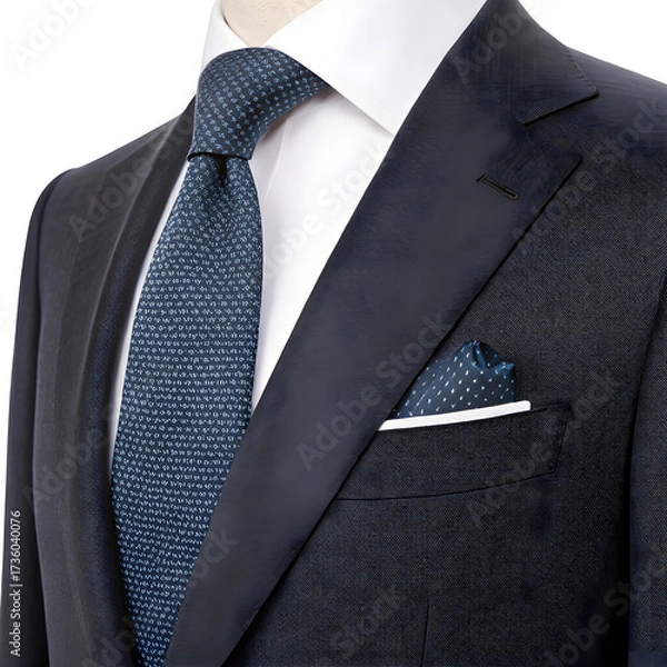 Fototapeta Elegant dark blue patterned tie and pocket square with a textured suit jacket isolated on transparent background