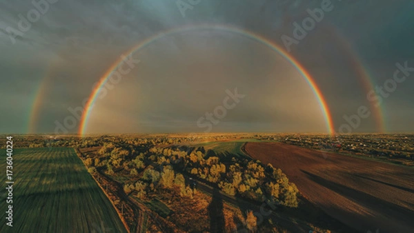 Fototapeta defaultAn aerial shot of a vibrant, full rainbow over an autumn landscape. The vibrant, saturated colors of the rainbow contrast with the overcast sky and earthy tones of the fields.