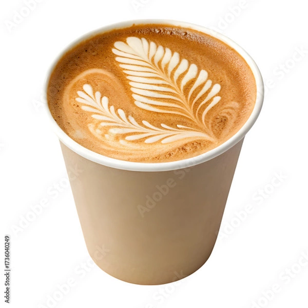Fototapeta A detailed close up of a hot latte coffee in a disposable paper cup with intricate latte art of fern leaves isolated on transparent background