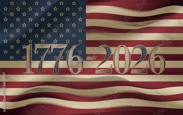 Fototapeta American flag 1776 2026 semiquincentennial poster with vintage numerals and waving stars and stripes background, high-res patriotic artwork for banners, posters, promotions and commemoration