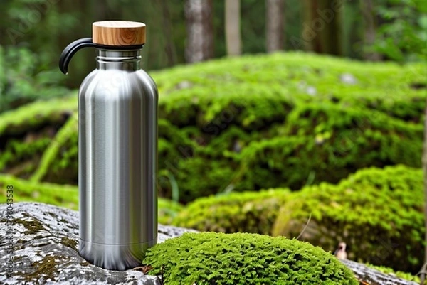 Fototapeta Portrait of a stylish metal water bottle with a wooden lid on a mossy rock in nature with copy space