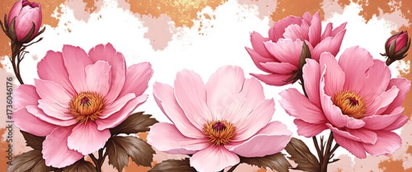 Obraz Luxury floral wallpaper featuring 3D embossed blossoms with gold, silver, and marble textures, elegant botanical mural in rich colors, abstract illustration for art prints, 4K background design