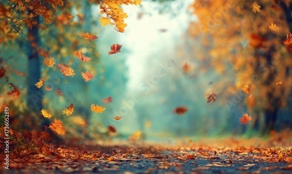 Obraz Autumn leaves falling on a path