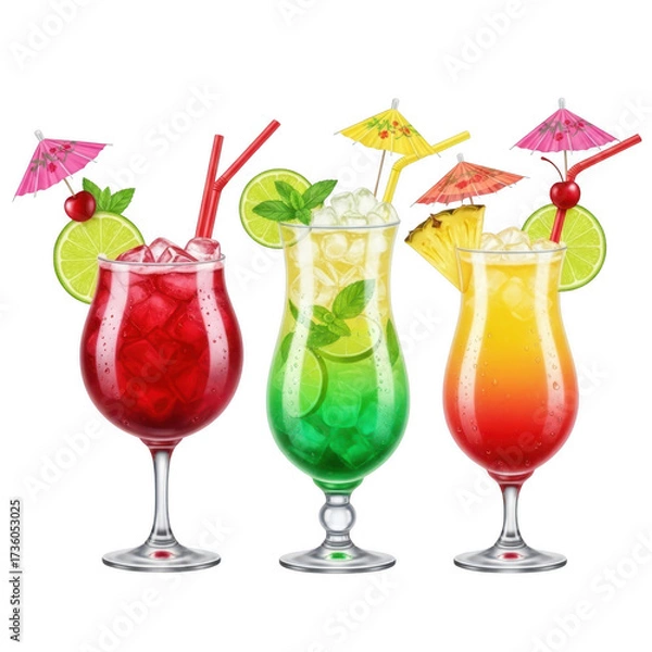 Fototapeta Assortment of colorful tropical cocktails with garnishes and umbrellas isolated on transparent background
