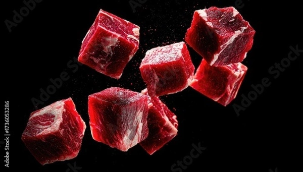 Fototapeta Fresh, cubed beef, suspended in mid-air against a black background, showcasing the rich red color and texture of the meat