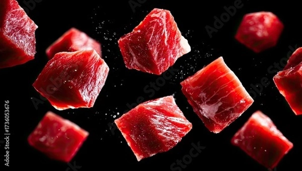 Fototapeta Fresh, cubed beef, suspended in mid-air, against a black background.  A close-up view showcasing the rich red color and texture of the meat.  Water droplets and subtle particles suggest movement