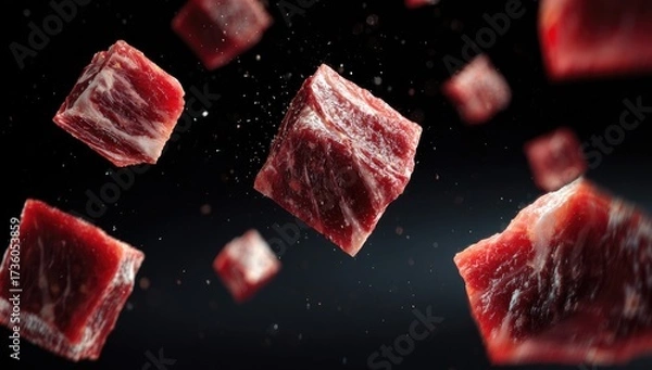 Fototapeta Cubes of raw meat in motion