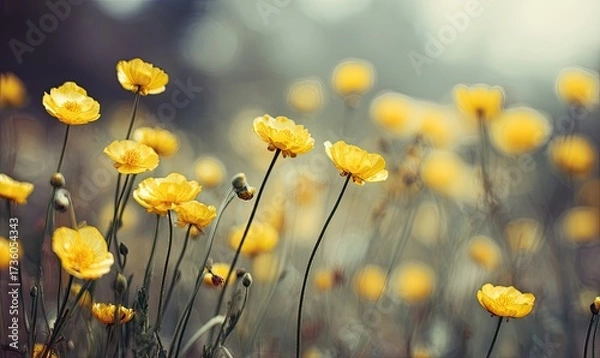 Fototapeta Delicate yellow flowers in a meadow. Soft focus, bokeh effect