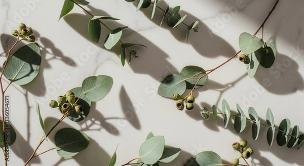 Fototapeta Eucalyptus branches with green leaves and round seed pods are artfully arranged on a white marble surface illuminated by natural light casting distinct shadows