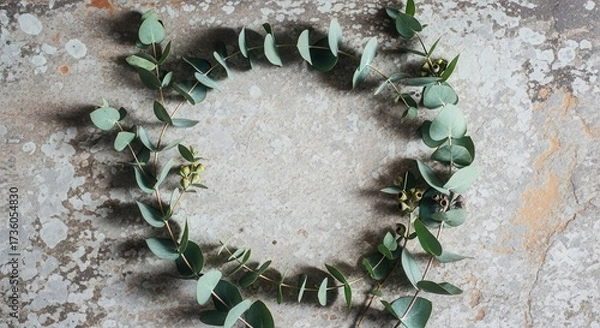 Fototapeta Eucalyptus branches with green leaves and seed pods form an oval wreath on a textured grey stone surface with subtle shadows