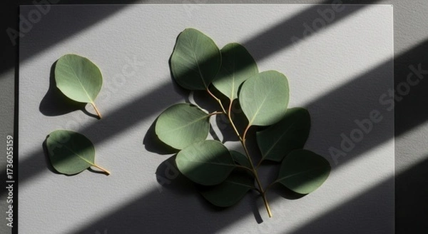 Fototapeta Eucalyptus leaves on a grey surface with striped shadows