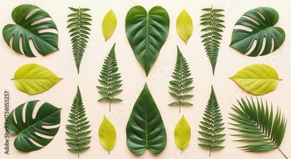 Fototapeta Flat lay composition featuring various tropical and fern leaves in shades of green and yellow on a pale surface