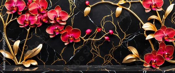 Obraz Luxury floral wallpaper featuring 3D embossed blossoms with gold, silver, and marble textures, elegant botanical mural in rich colors, abstract illustration for art prints, 4K background design