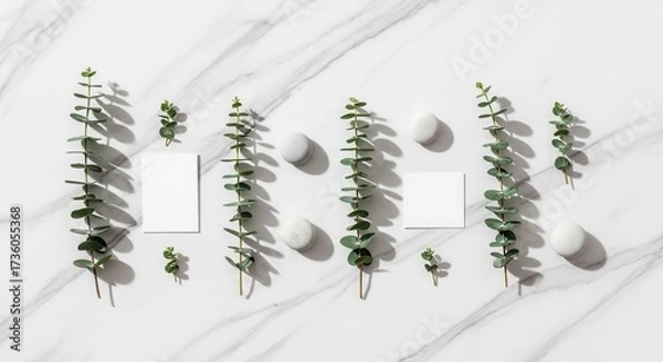 Fototapeta Flat lay of green leafy sprigs white round objects and blank rectangular cards arranged on a white marble surface with sharp shadows