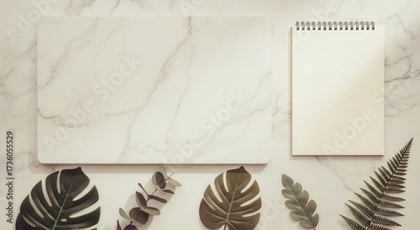 Fototapeta Flat lay of white board open spiral notebook and various green artificial leaves on marble surface