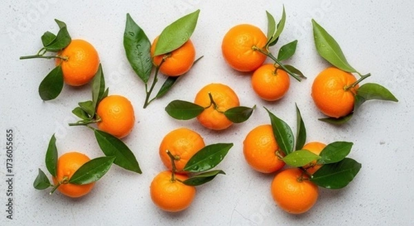 Fototapeta Fresh bright orange citrus fruits with green leaves and stems are scattered across a light grey textured surface some with water droplets