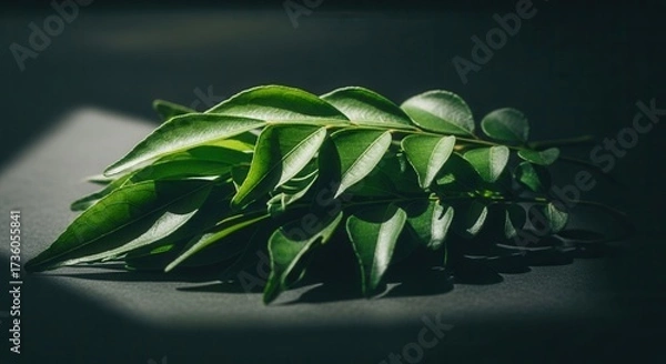 Fototapeta Fresh green curry leaves bundle on a dark surface bathed in light with strong shadows