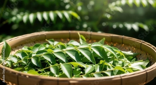 Fototapeta Fresh green leaves are clustered in a round woven bamboo basket A blurred outdoor setting with sunlight on distant foliage forms the background