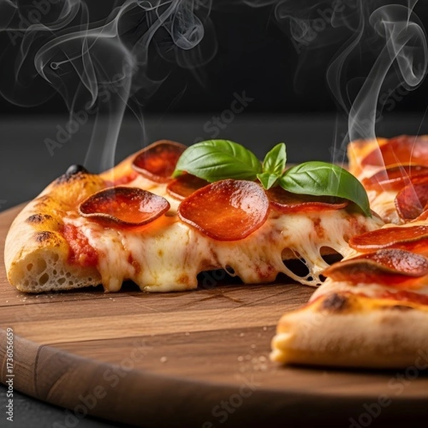 Fototapeta Gourmet Pepperoni Pizza Slice: Close-Up on a Wooden Board Showcasing Crispy Crust and Vibrant Toppings