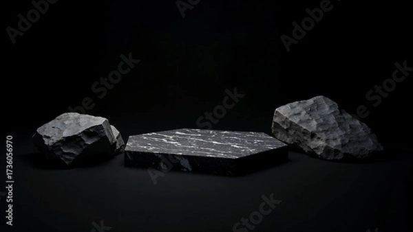 Obraz Elegant black stone podium for showcasing skin care cosmetics in a minimalist style
