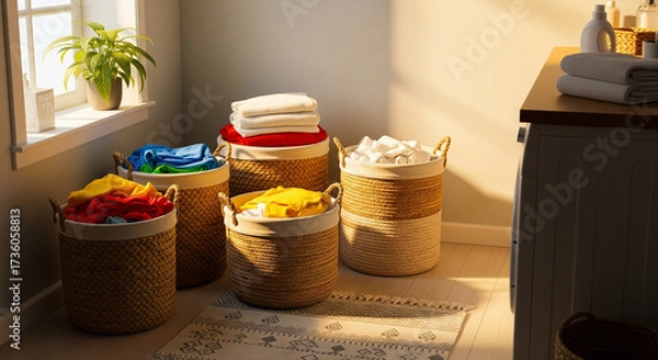 Fototapeta Bright Laundry Room with Woven Baskets Full of Sorted Clothes
A clean, brightly lit laundry room bathed in warm sunlight, showcasing five large, attractive woven laundry baskets with handles
