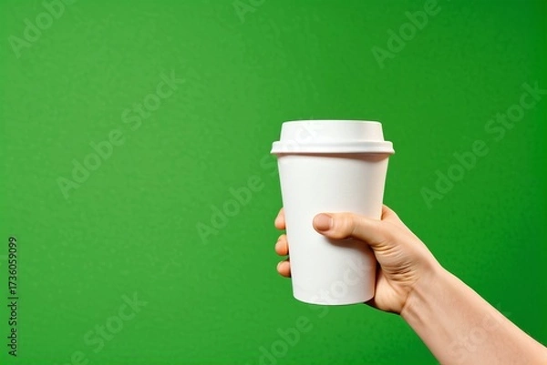 Fototapeta A hand holding a white paper coffee cup against a green background with copy space