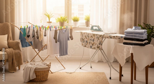 Fototapeta Bright, Sunny Room with Laundry Drying and Ironing Setup
A bright and airy indoor scene captures the process of laundry and household chores in a modern home. In the center, a wooden drying rack
