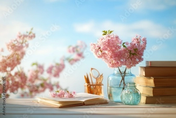 Fototapeta Soft pink blossoms, open book, and vintage items on a light wood surface, bathed in sunlight, with a hazy backdrop of cherry blossoms and a light blue sky