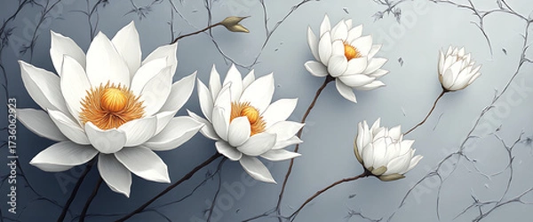 Obraz Luxury floral wallpaper featuring 3D embossed blossoms with gold, silver, and marble textures, elegant botanical mural in rich colors, abstract illustration for art prints, seamless 4K decorative back