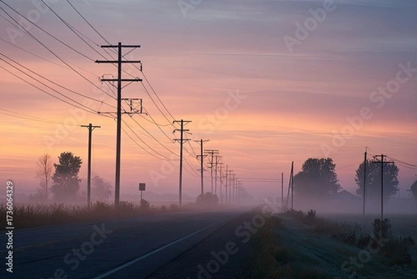 Fototapeta Misty rural road at dawn, utility poles and power lines stretching into soft sunrise