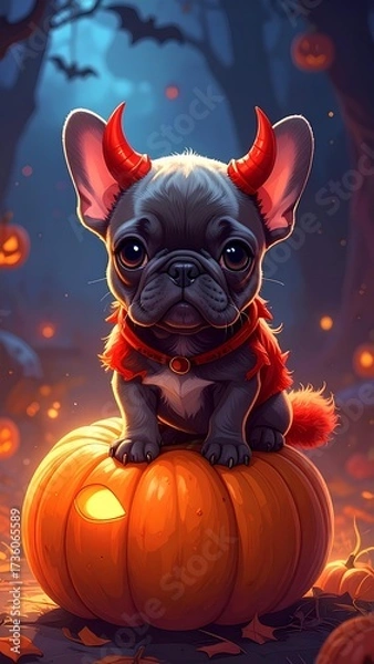 Fototapeta French bulldog wearing a tiny devil costume with red horns and tail, sitting on a glowing pumpkin, spooky cute style