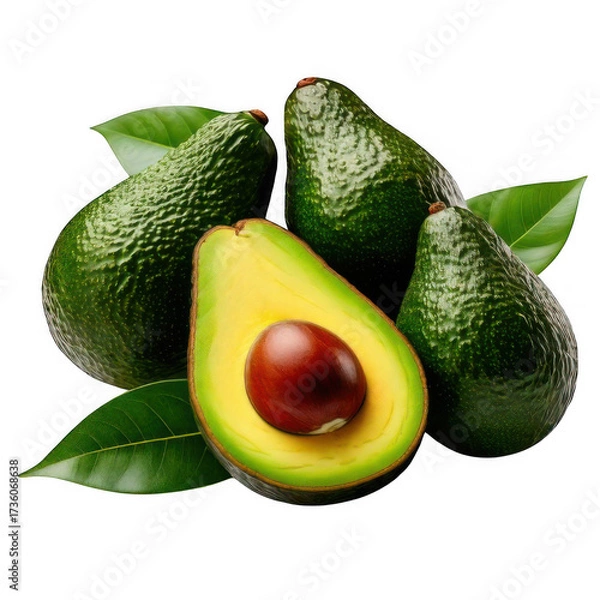Fototapeta  a group of avocados with leaves isolated on white and transparent backgroun