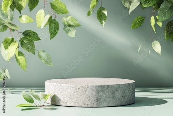 Fototapeta Light-drenched, minimalist display podium with vibrant greenery