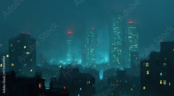 Fototapeta A misty, night cityscape of towering buildings.  Neon lights illuminate the structures, while a thick fog envelops the scene